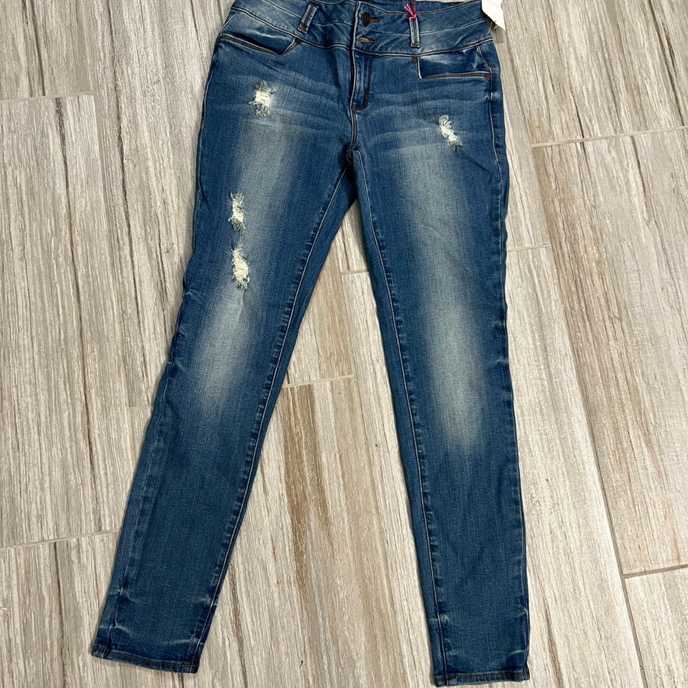 Refuge Dark Blue Distressed Mid Rise Skinny Jeans